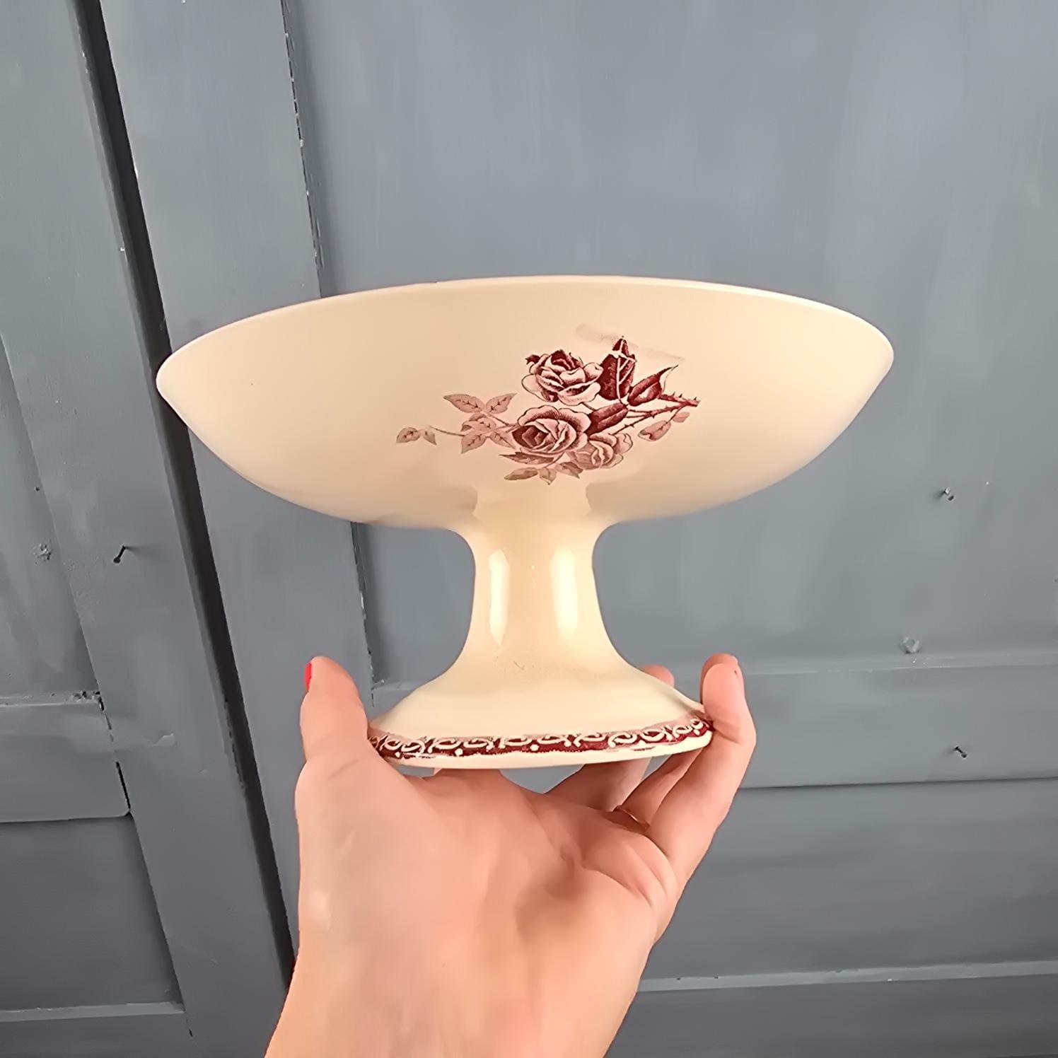 compotier terre fer hbcie roses bordeaux ancien patine vaisselle
