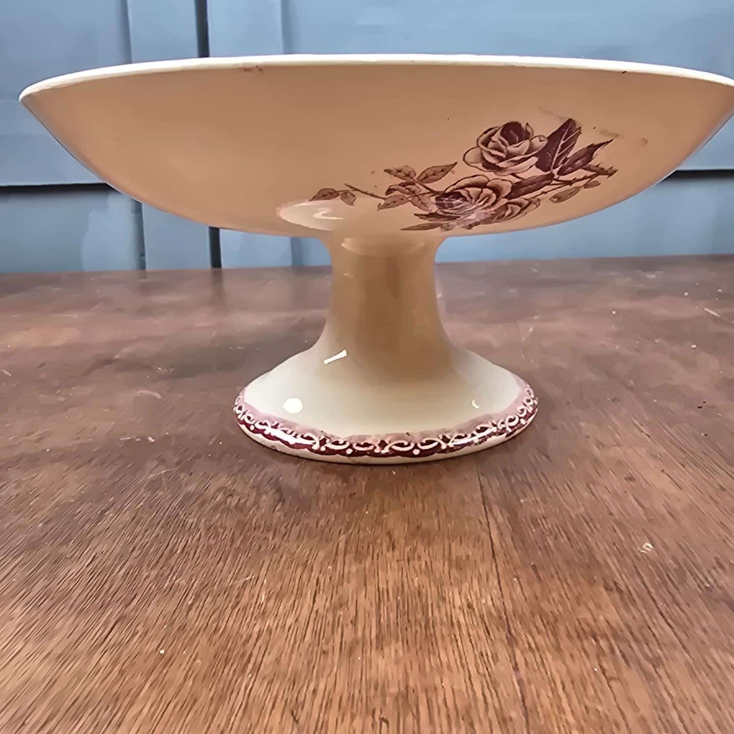 compotier terre fer hbcie roses bordeaux ancien patine vaisselle