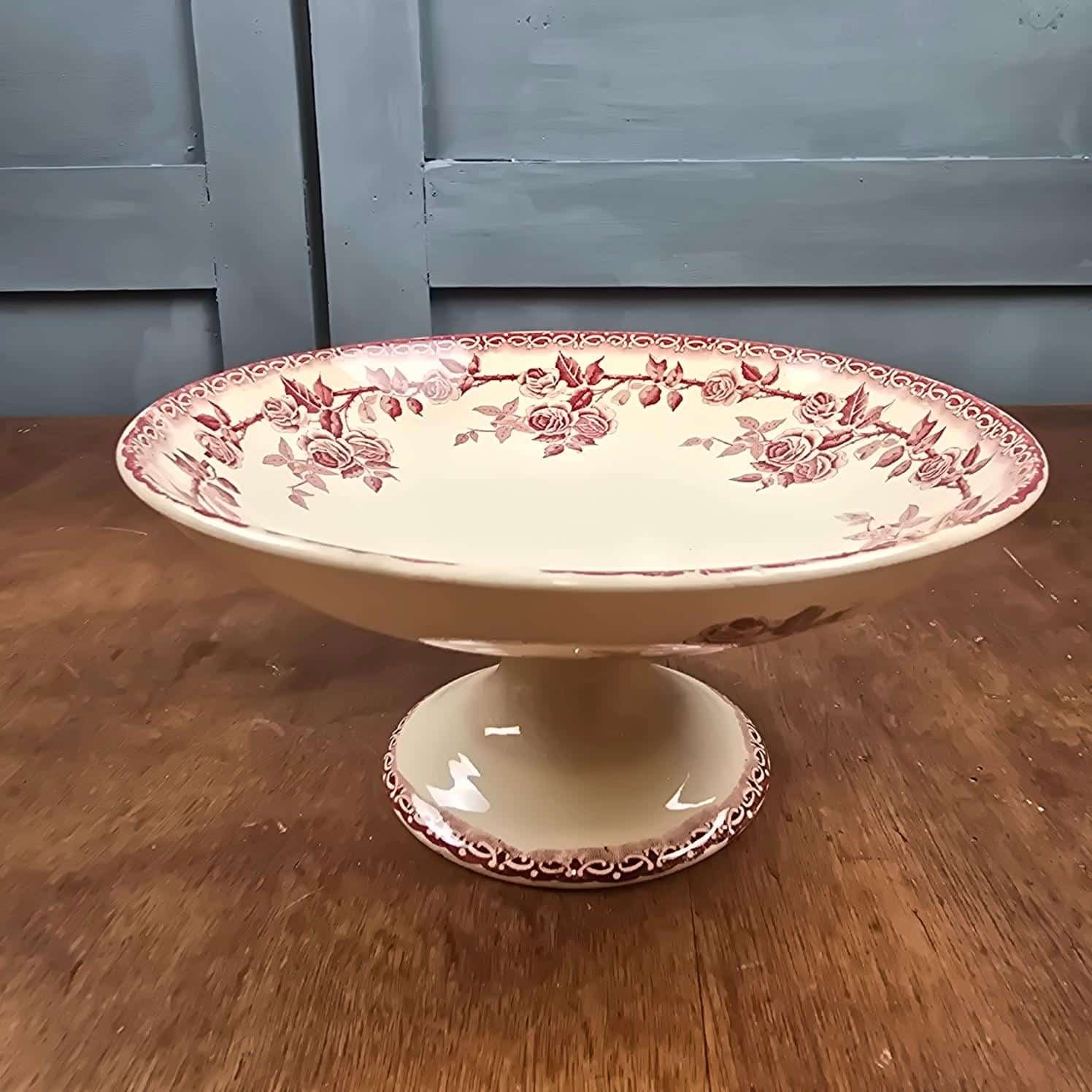 compotier terre fer hbcie roses bordeaux ancien patine vaisselle
