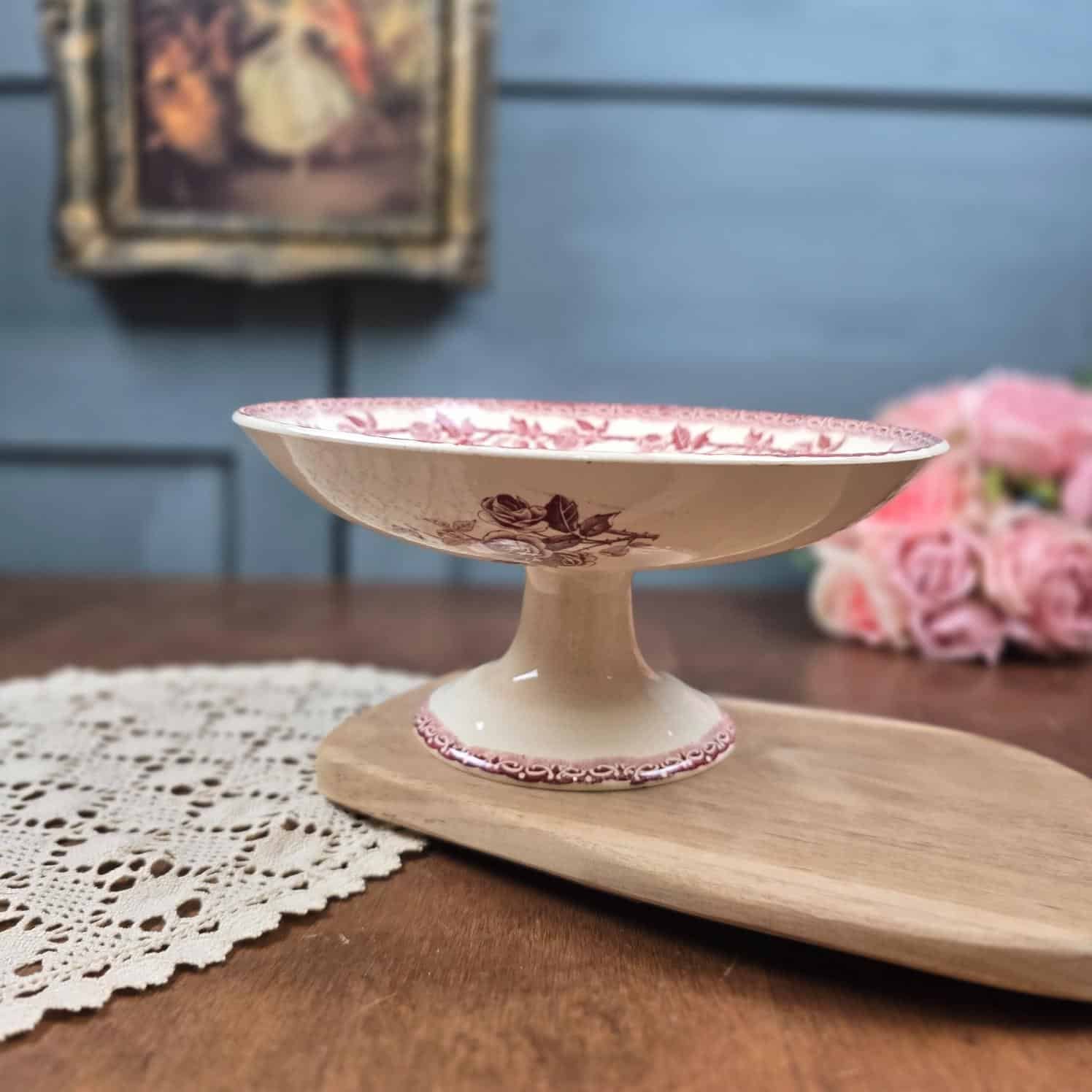compotier terre fer hbcie roses bordeaux ancien patine vaisselle