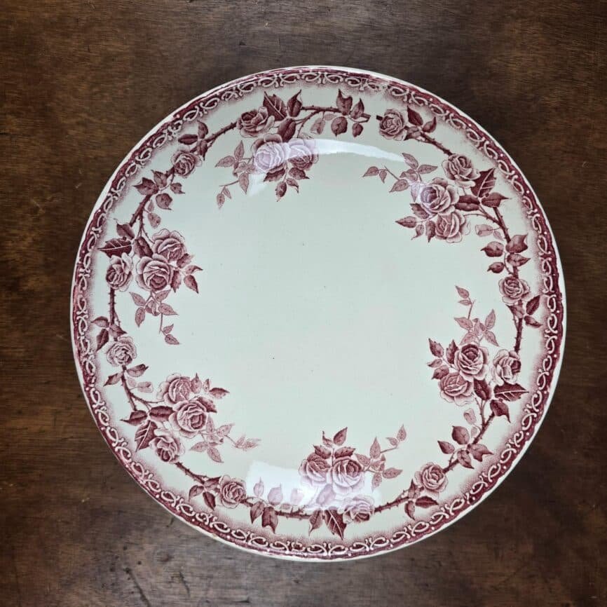 compotier terre fer hbcie roses bordeaux ancien patine vaisselle