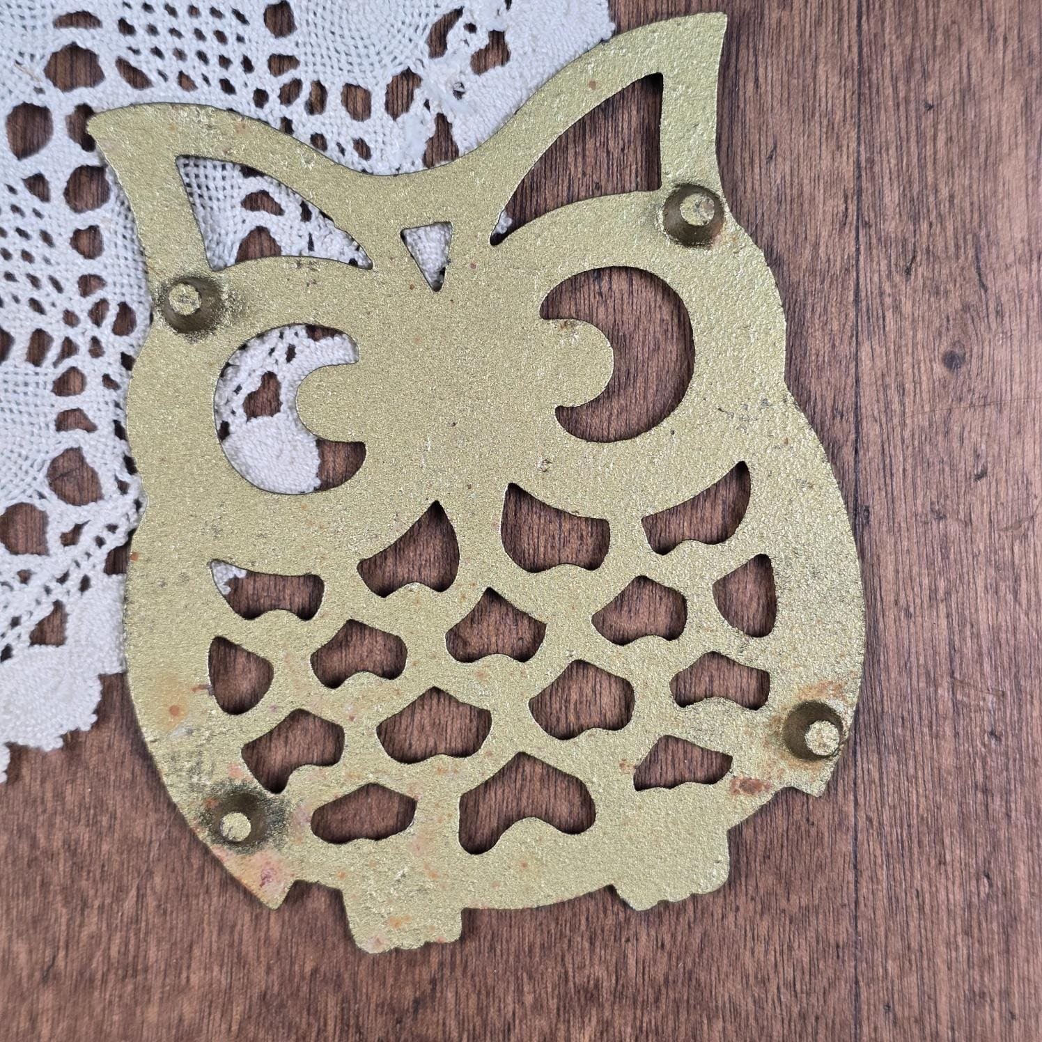 dessous plat hibou vintage metal dore zoomorphe