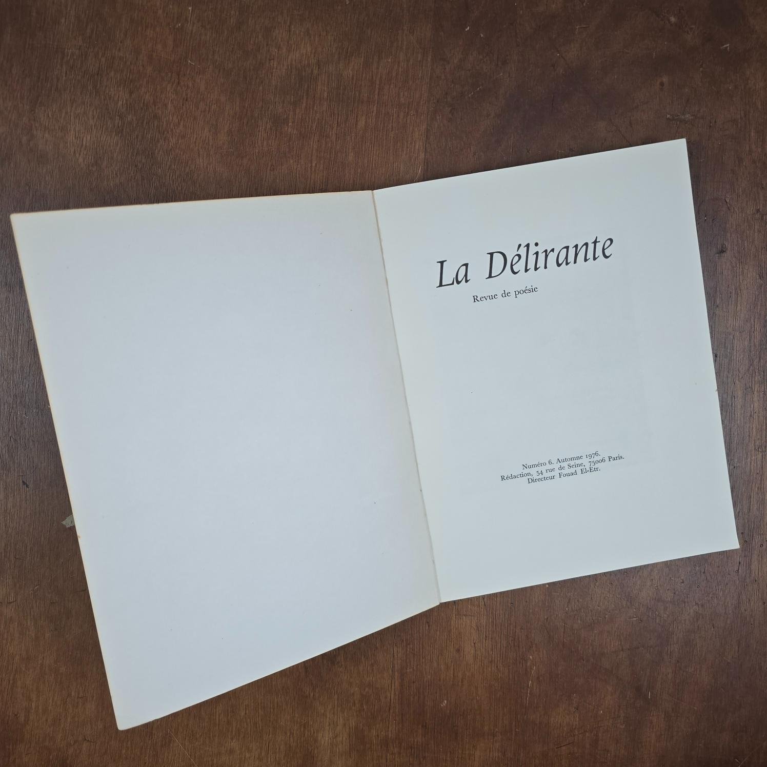 La Délirante n°6, Revue de poésie 1976, Cioran, Balthus & Szafran, page de titre "La délirante, revue de poésie"