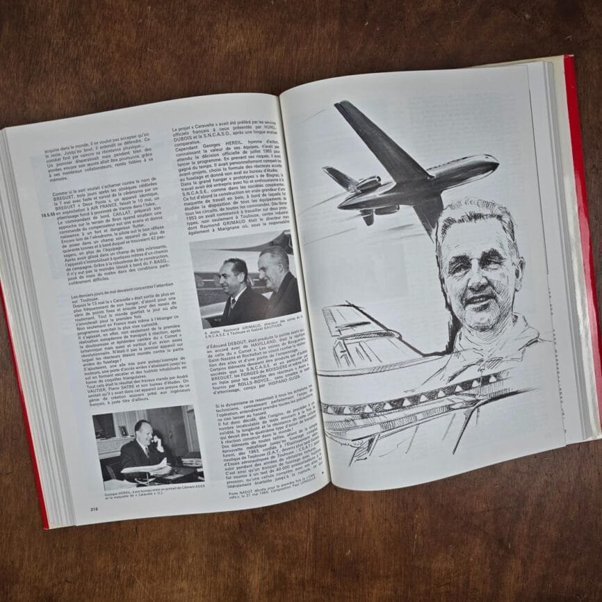 livre histoire aeronHistoire de l’aéronautique française 1940-1960, textes et joli dessin d'un portrait et d'un avion