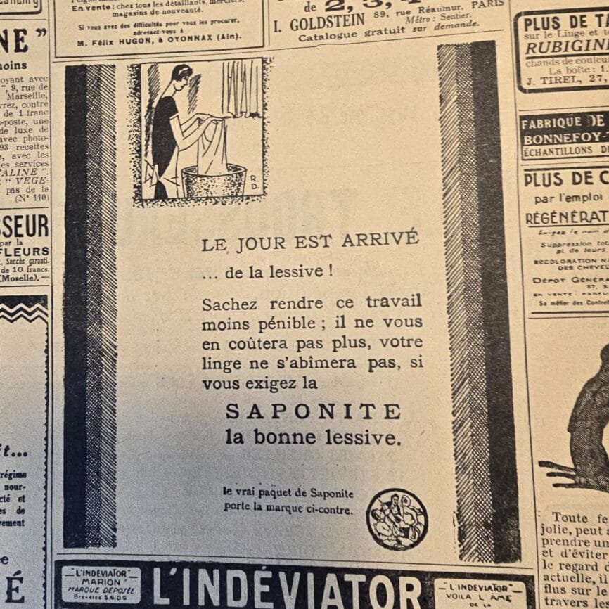 Extrait d'une publicité sur la lessive Saponite d'un des numéros du lot de magazines « Le Petit Écho de la Mode » de 1922