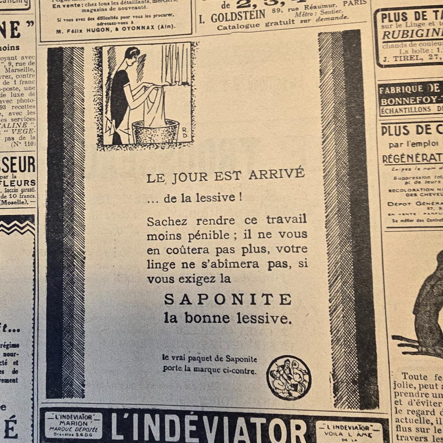 Extrait d'une publicité sur la lessive Saponite d'un des numéros du lot de magazines « Le Petit Écho de la Mode » de 1922