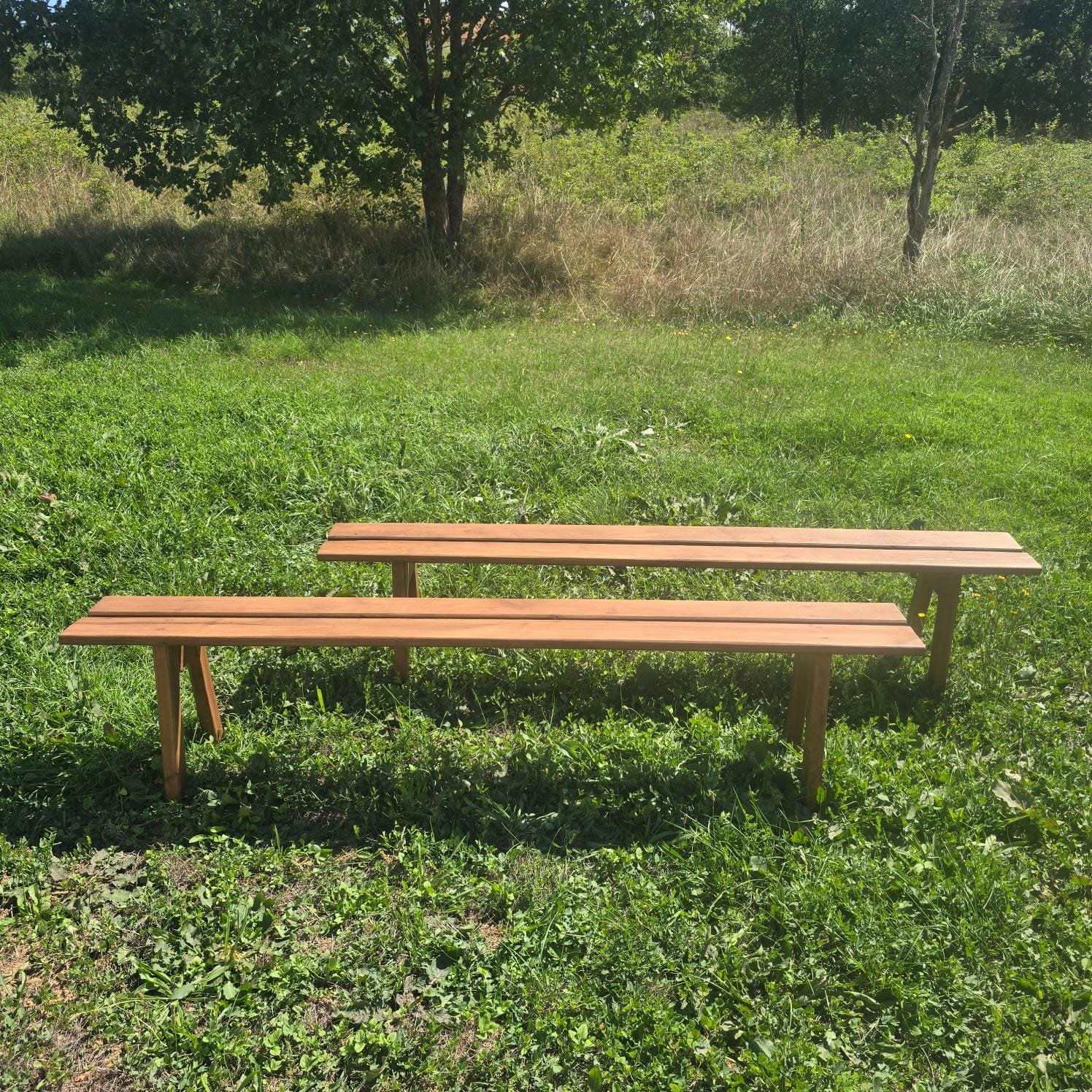 Paire de bancs de ferme en bois massif, 2 mètres, restaurés