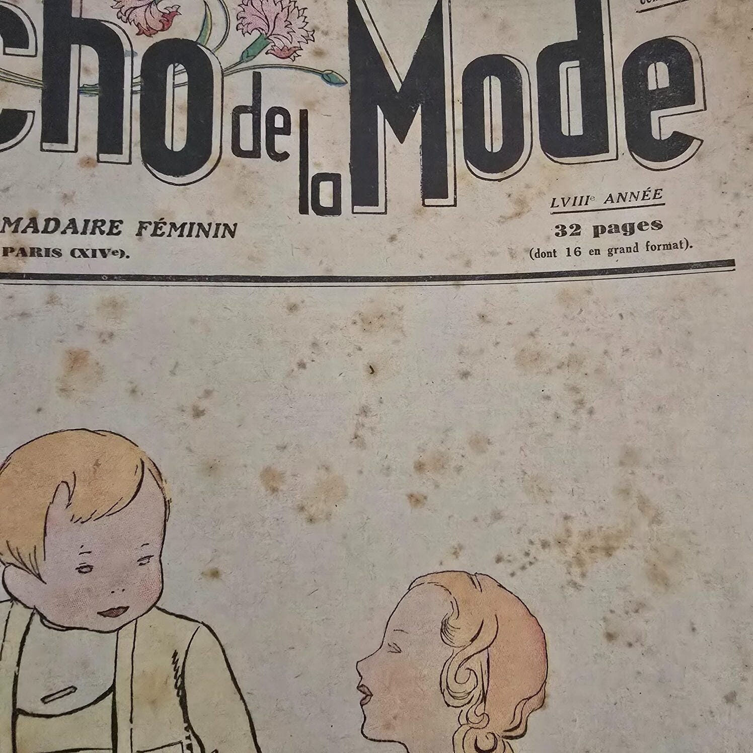 Zoom sur le visage des enfants de la couverture du magazine « Le Petit Écho de la Mode » de 1938