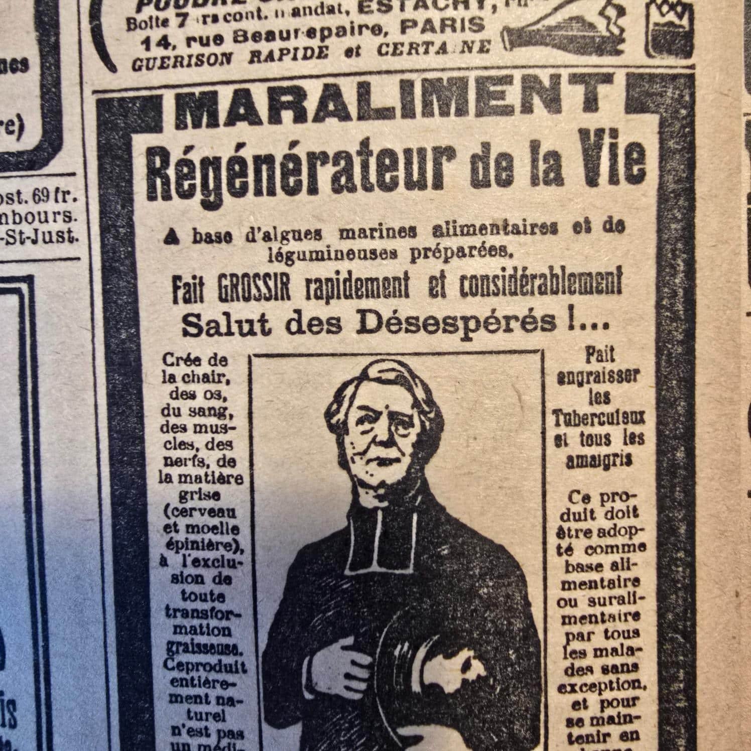 Zoom sur une publicité sur le régénérateur de vie "Salut les désespérés !" d'un des magazines « Le Petit Écho de la Mode » des années 30