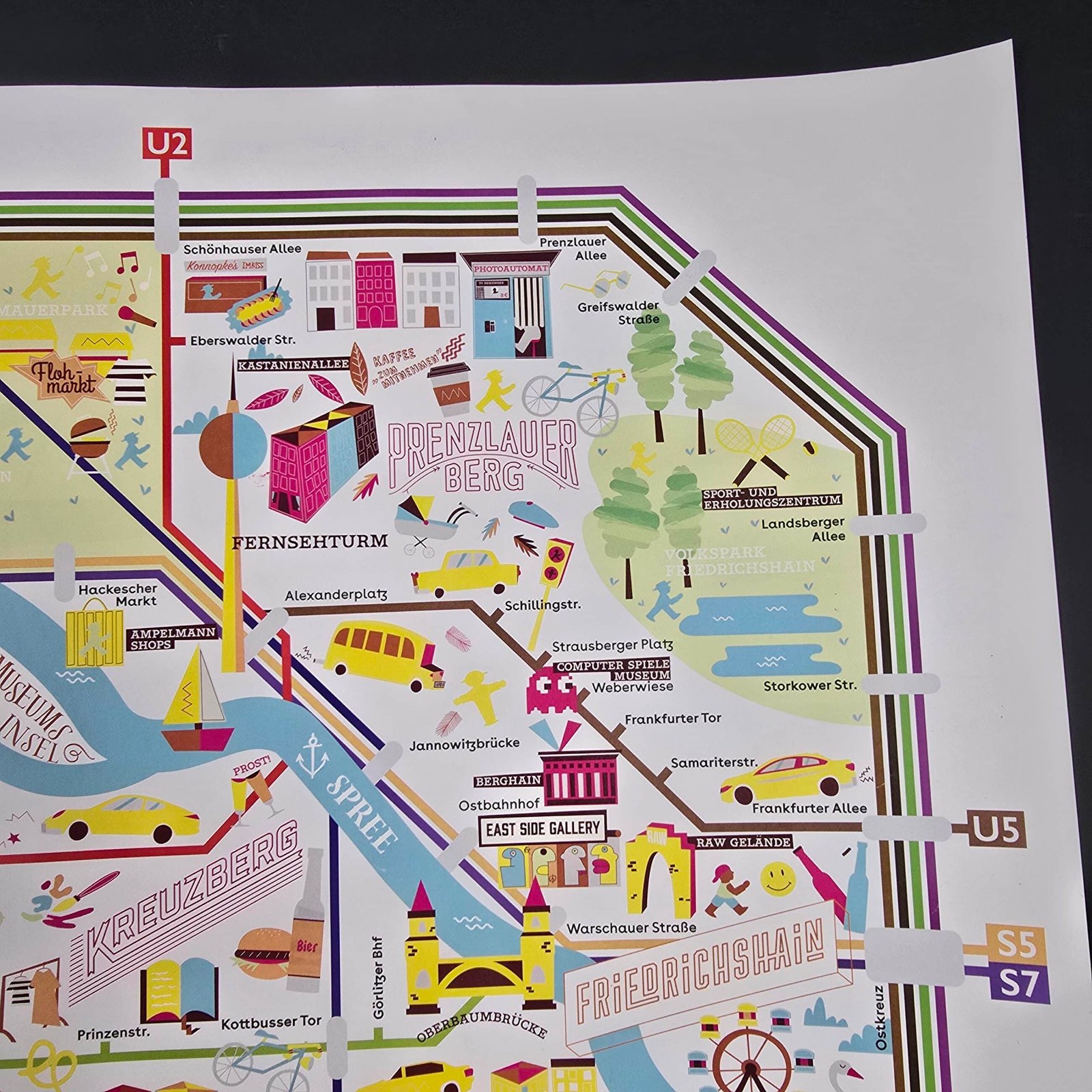 Gros plan du réseau de transports berlinois avec illustrations de monuments et de lieux