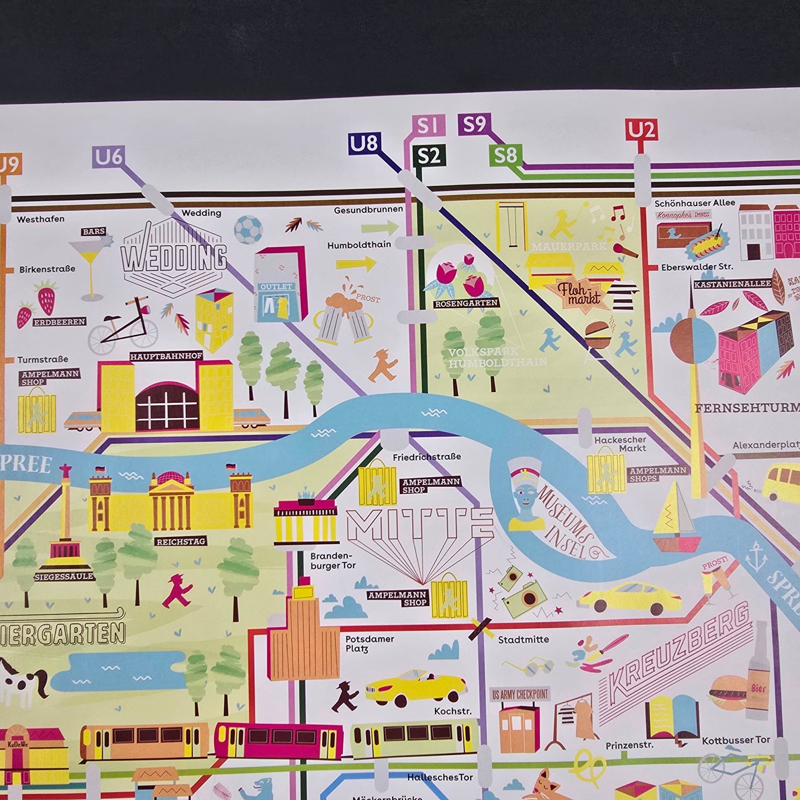 Détail des lignes de métro et des stations sur le plan illustré coloré de Berlin