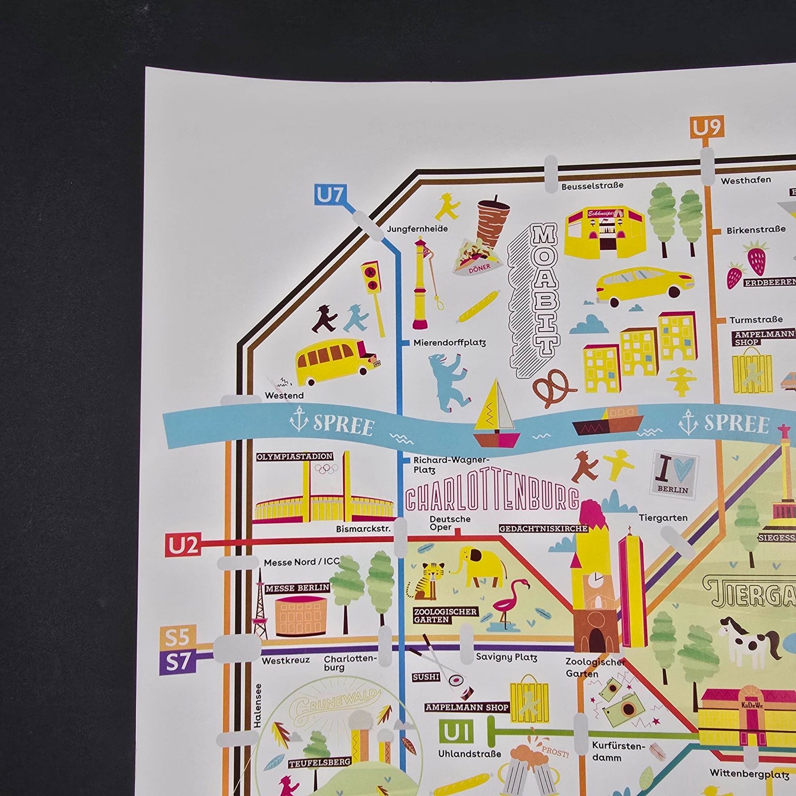 Affiche du plan illustré de Berlin avec réseau de métro et pictogrammes des quartiers