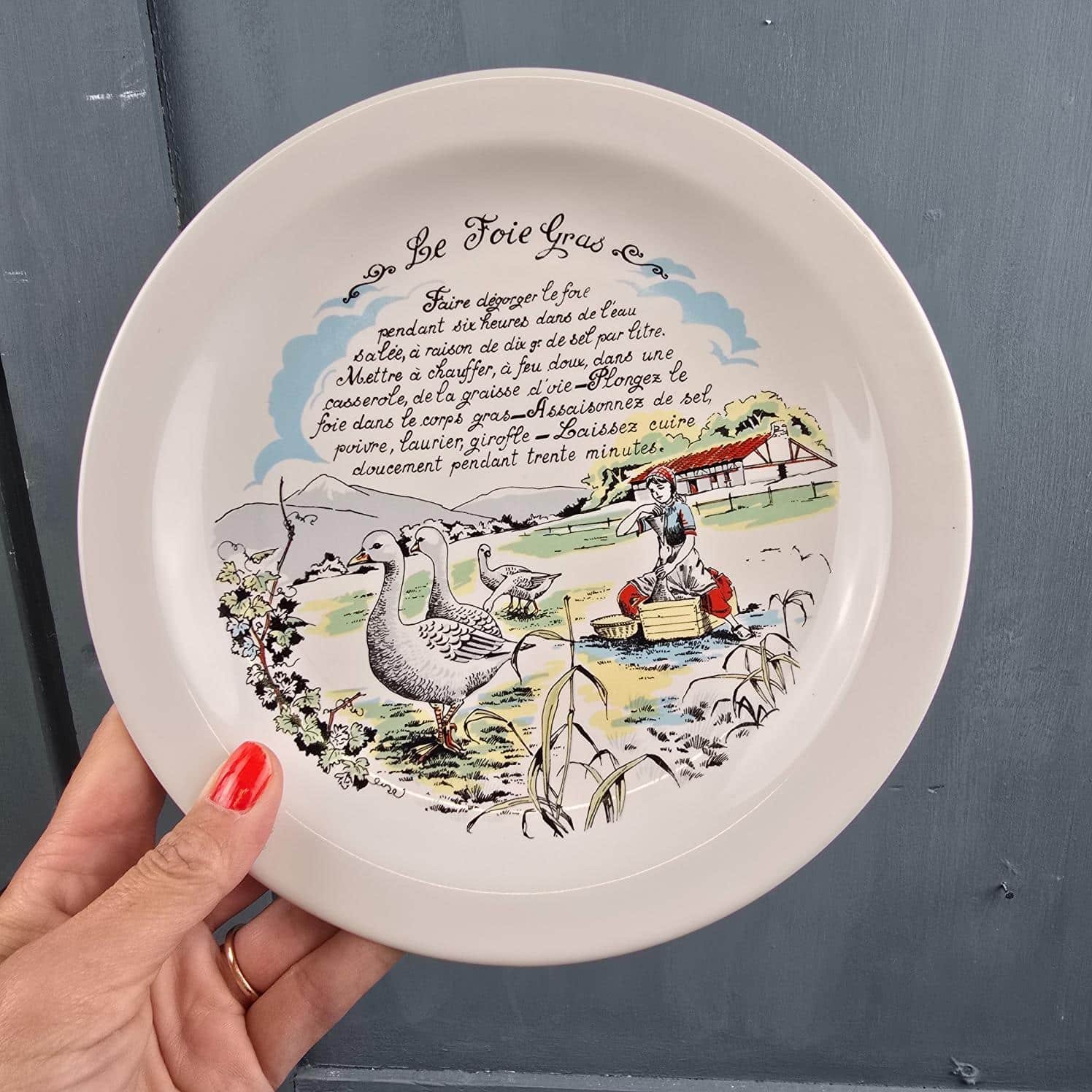 Assiette à foie gras Revol tenue à la main, illustration d'oies et recette manuscrite
