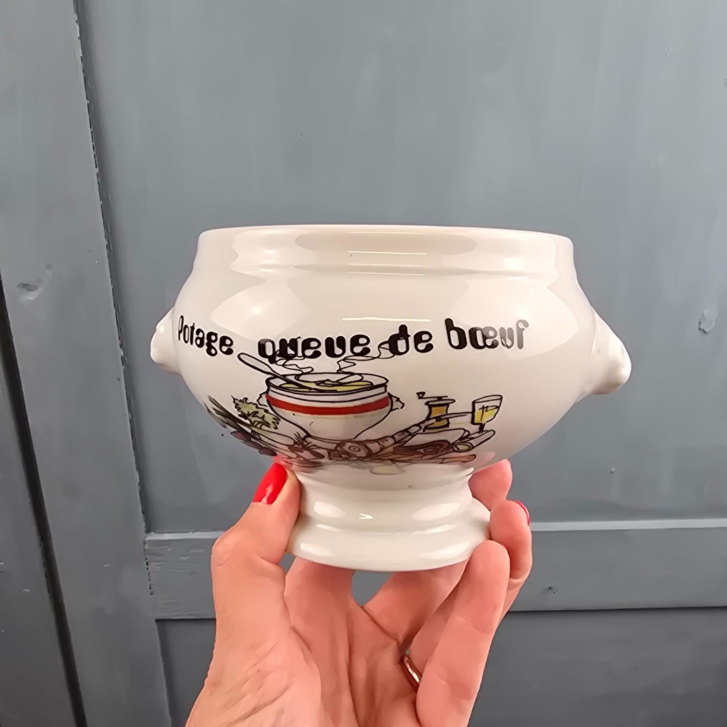 Bol à potage queue de bœuf vintage en porcelaine, décor de face