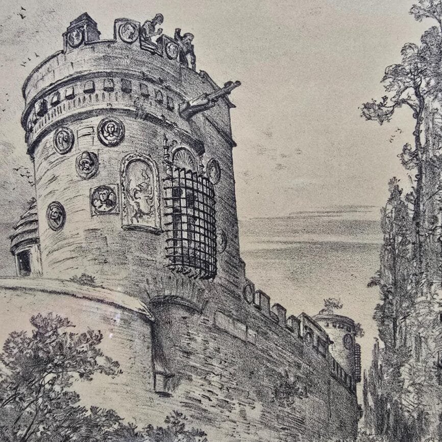 Tour fortifiée du Manoir des Gendarmes à Caen, détail de l’illustration d’après Robida