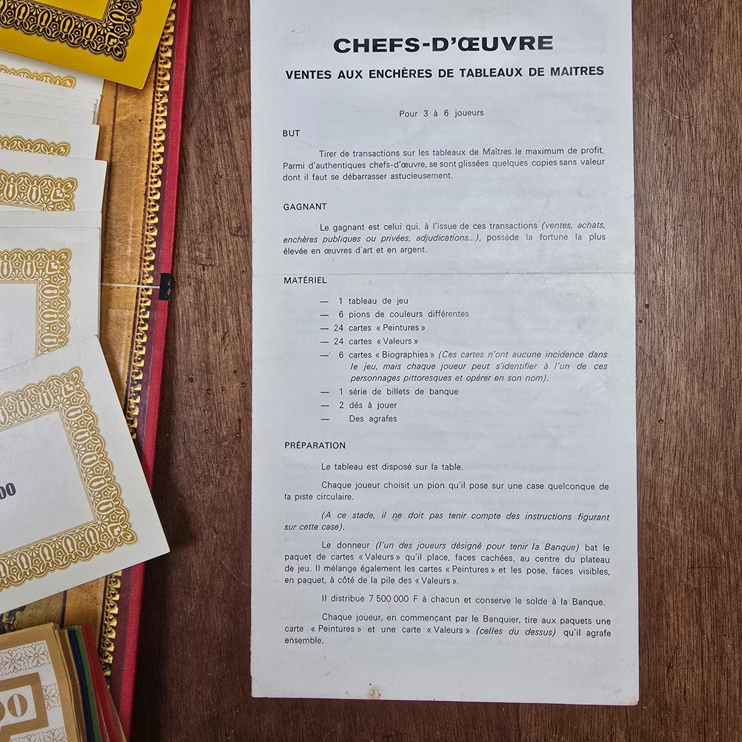 Première page de la notice d’origine du jeu de société Chefs-d’œuvre