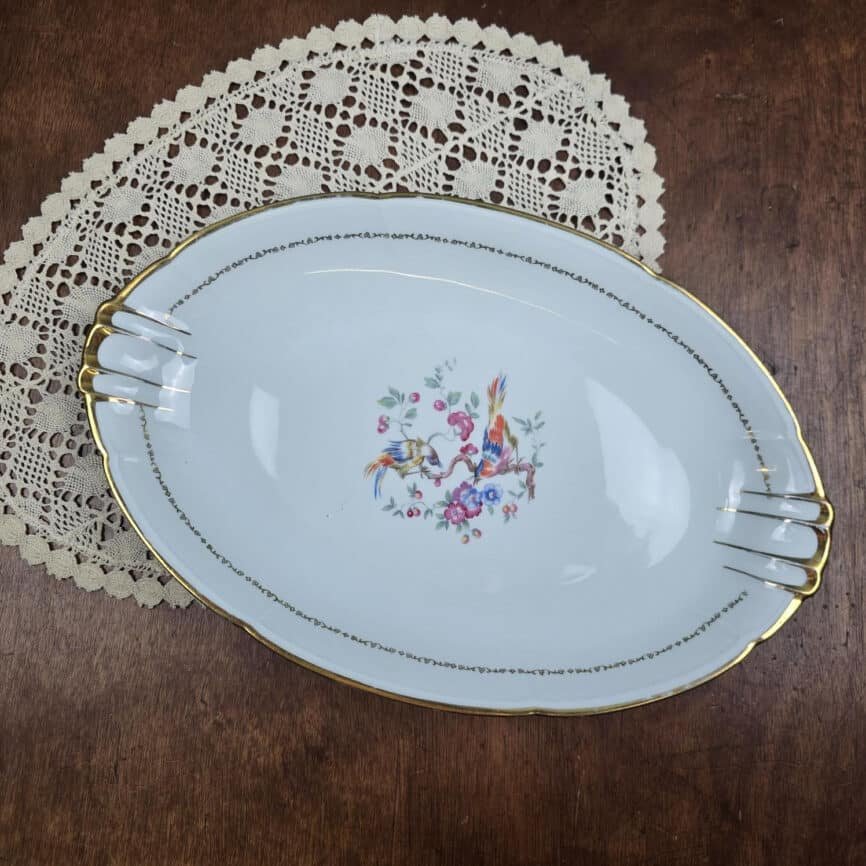 plat ovale en porcelaine vierzon oiseaux fleurs dores vintage