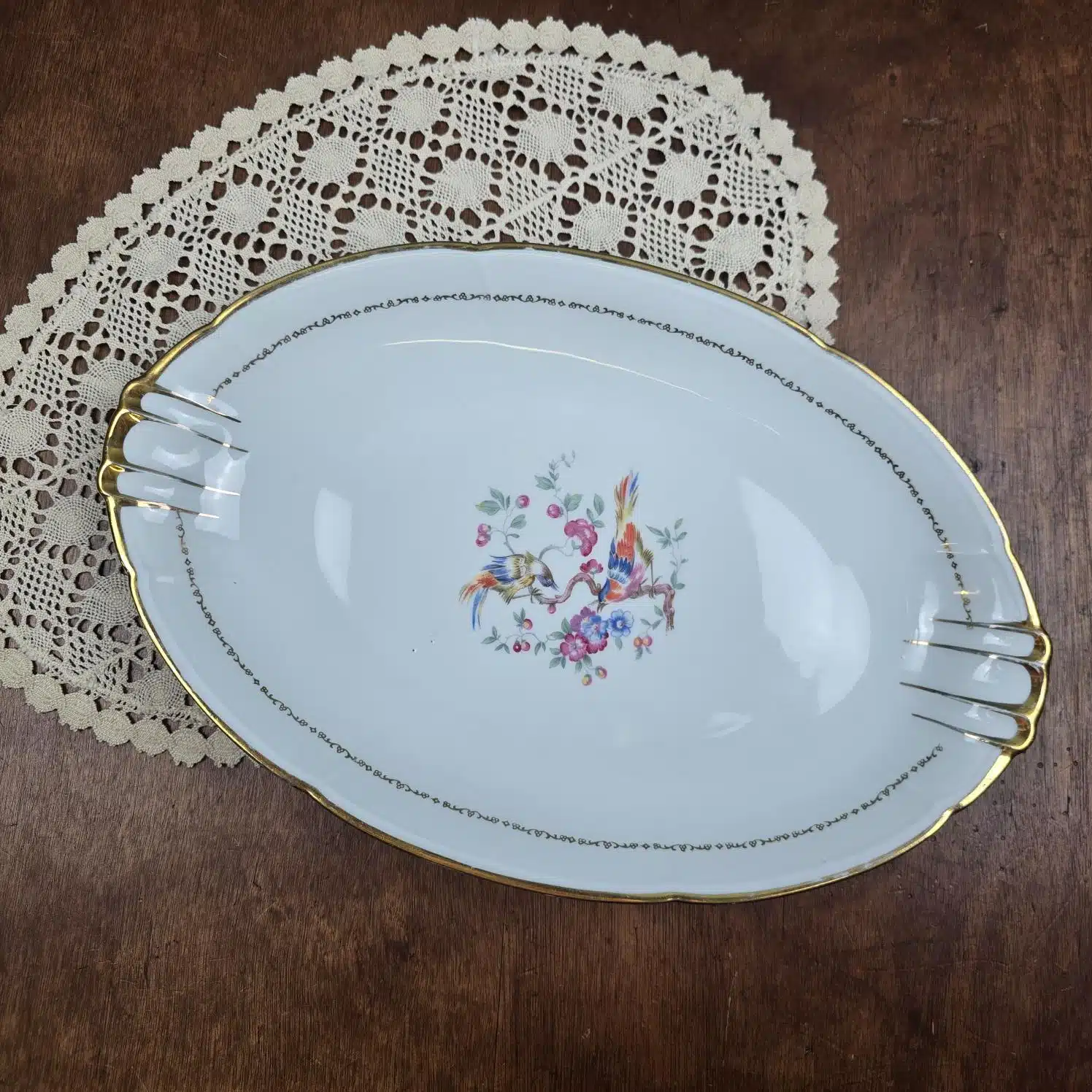 plat ovale en porcelaine vierzon oiseaux fleurs dores vintage