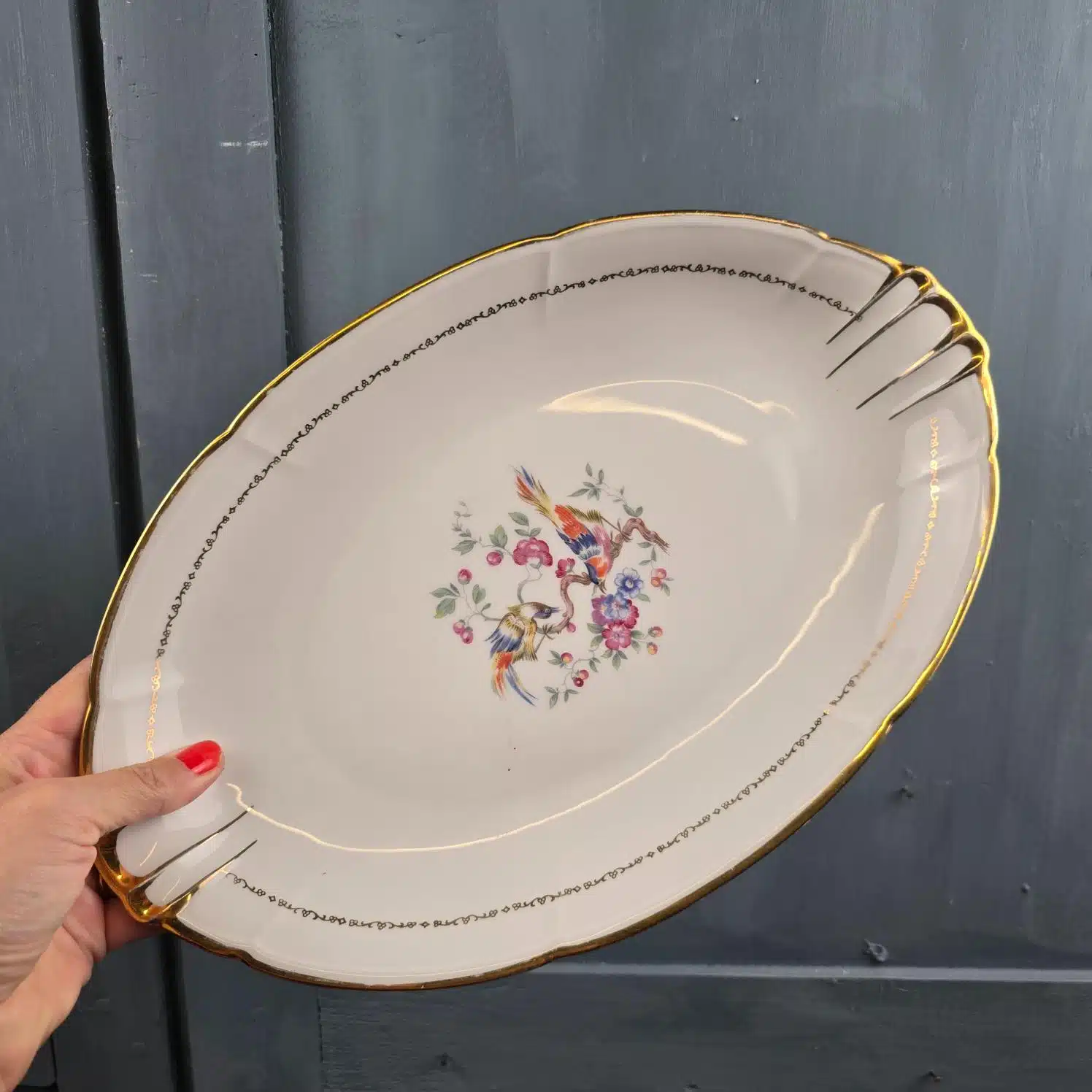 plat ovale en porcelaine vierzon oiseaux fleurs dores vintage