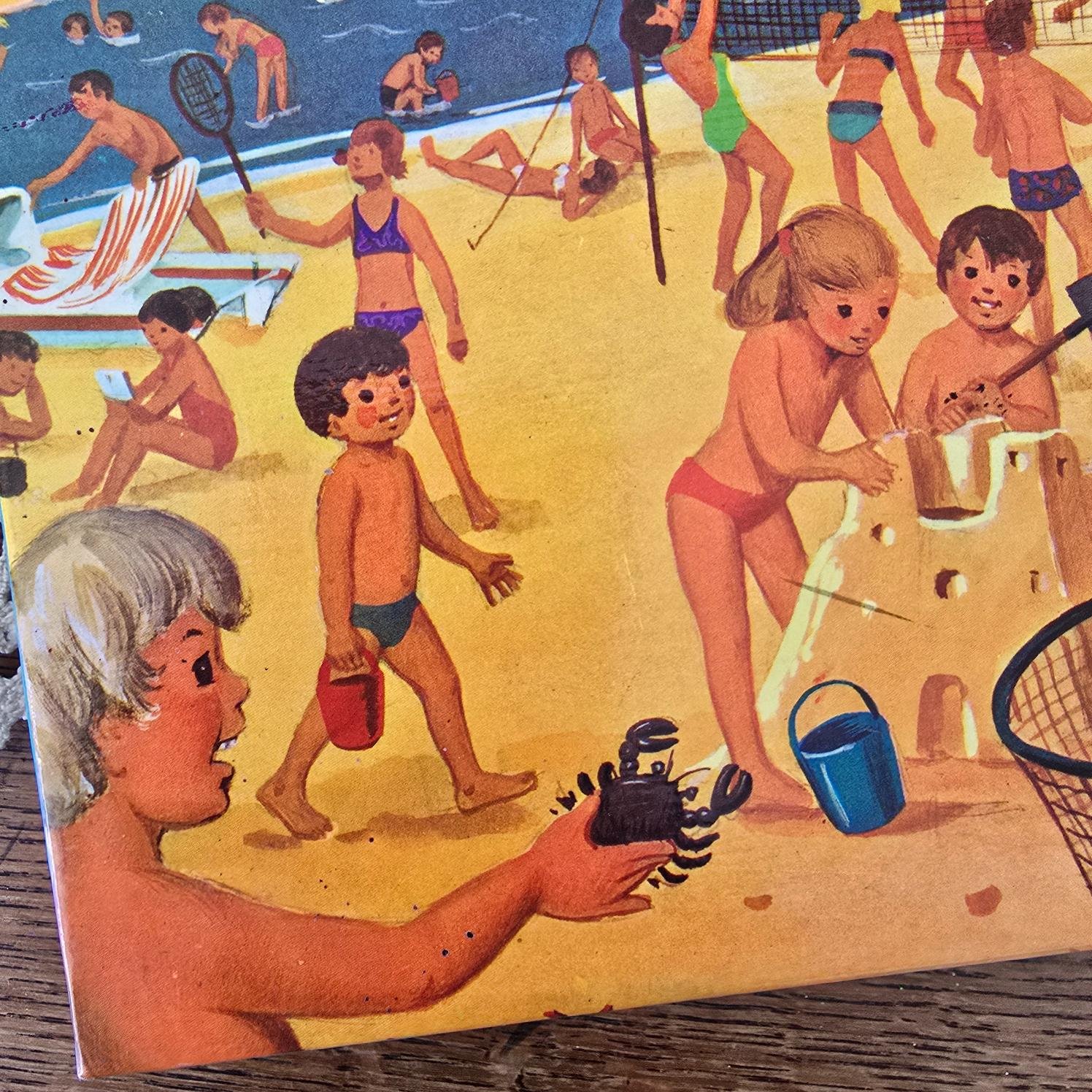 Illustration de plage avec enfants, jeux de sable et baigneurs sur le puzzle vintage