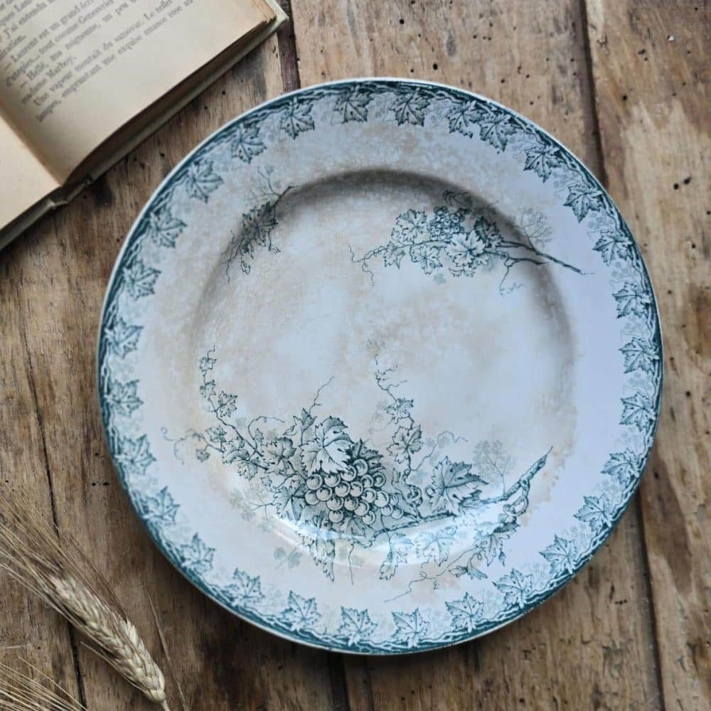 Assiette ancienne modèle Raisin, Faïencerie Amandinoise, décor de vigne et patine
