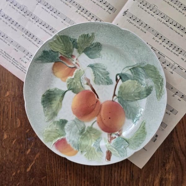 Assiette barbotine St Clément avec abricots et feuilles sur fond vert, présentée sur table bois avec document ancien