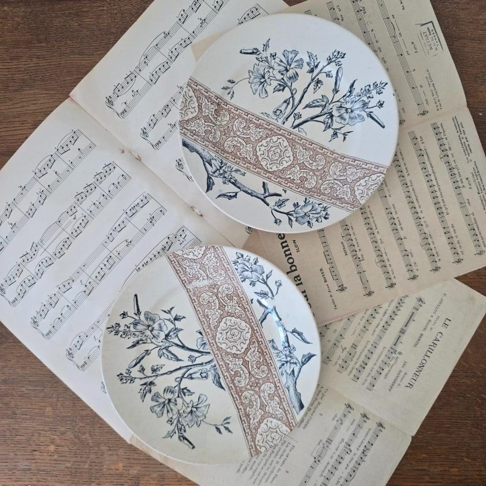 Lot de deux assiettes Longchamp anciennes terre de fer décor floral bleu brun.