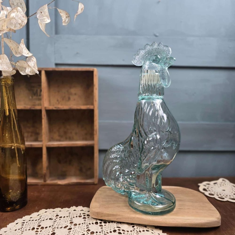 Bouteille coq en verre vintage vert bleuté – Carafe décorative grand modèle, ambiance vintage