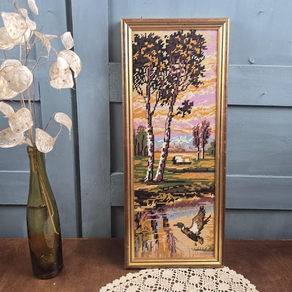 Cadre vintage canevas paysage aux canards – Encadrement doré rétro ambiance vintage
