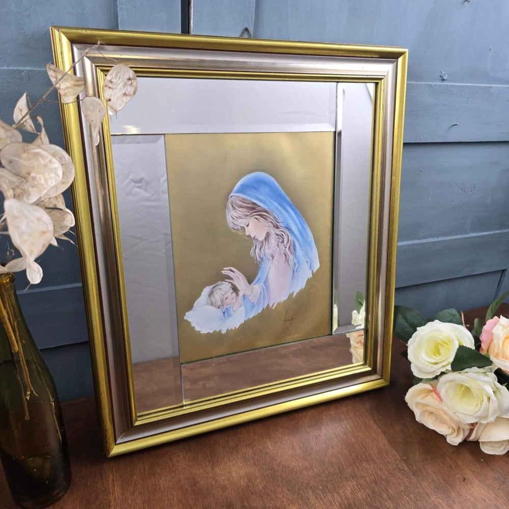 Cadre vintage Vierge à l’enfant sur feuille d’or, contour miroir, ambiance vintage