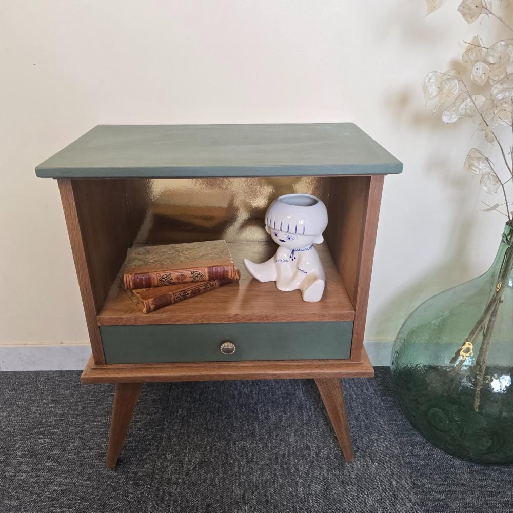 chevet vintage renove bois vert pieds compas