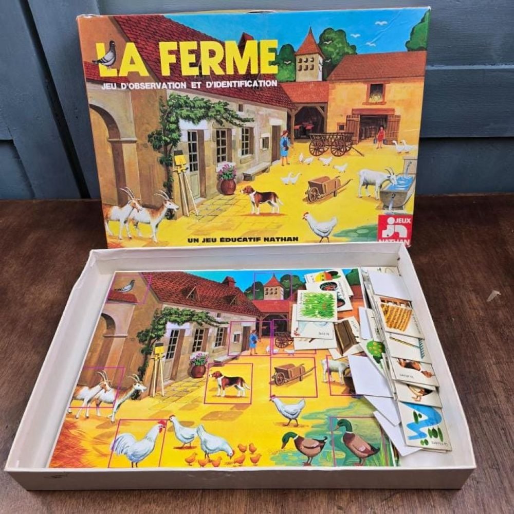 jeu éducatif vintage "La ferme", Nathan, années 70, ouvert sur table en bois