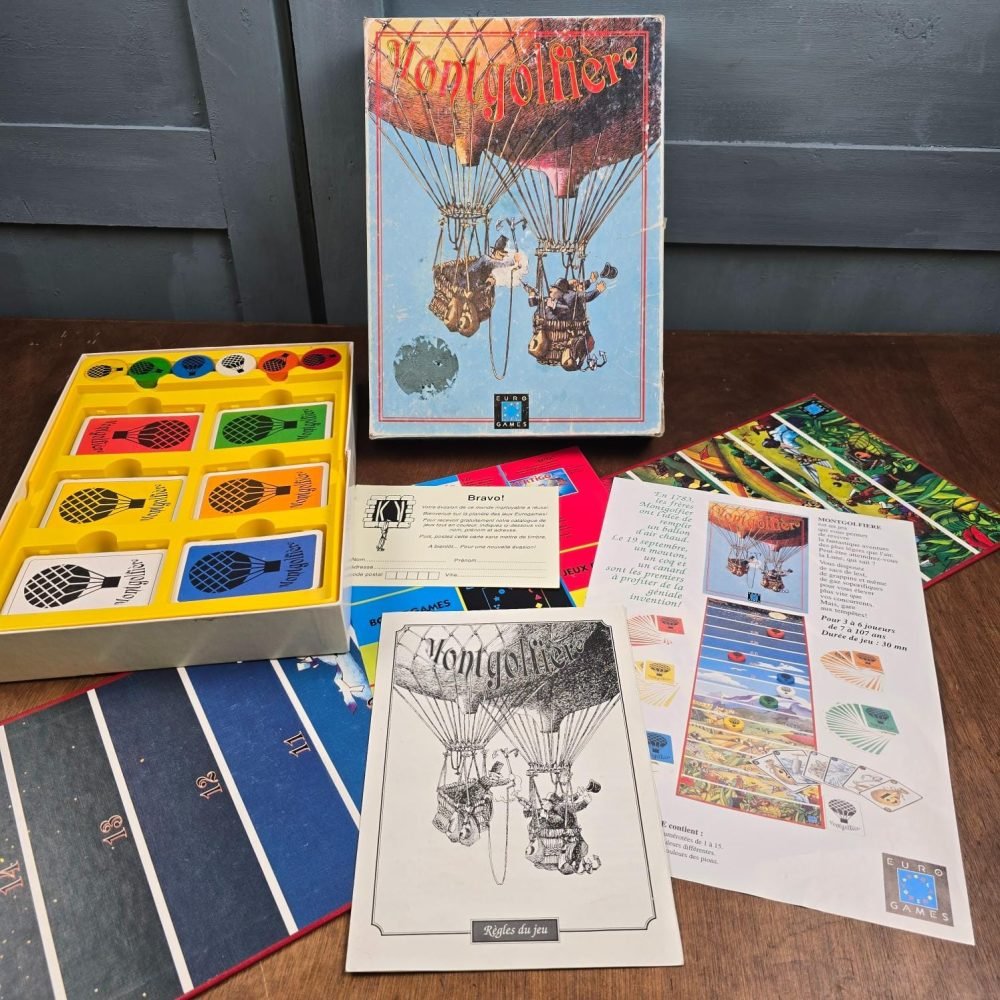 Jeu de société Montgolfière Eurogames, jeu complet vintage sur table en bois