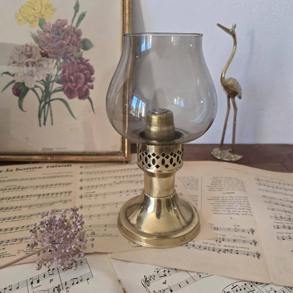 Lampe bougie Mason flamme constante en laiton et verre fumé design 1970