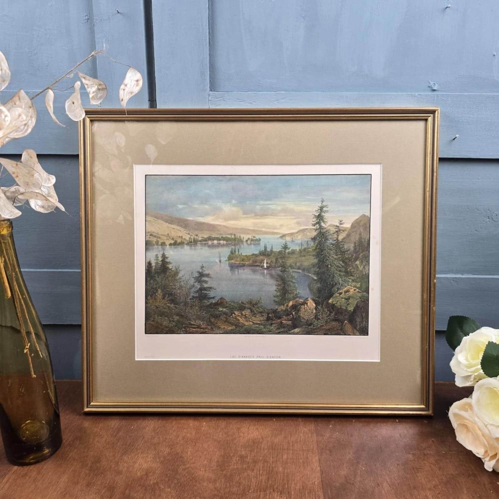 Lithographie ancienne Lac d’Annecy pris d’Angon – Cadre doré XIXe