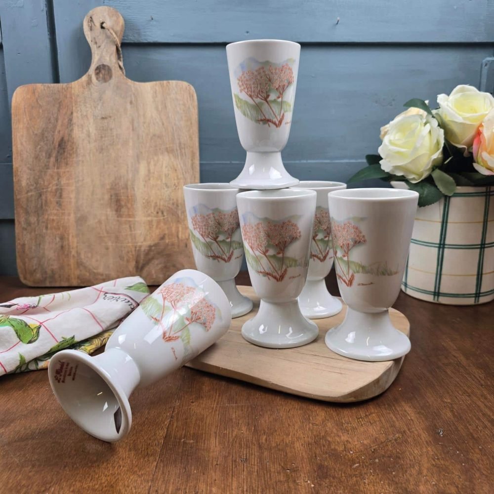 Lot de 6 mazagrans en porcelaine vintage L’Hirondelle Ombellia, décor exclusif