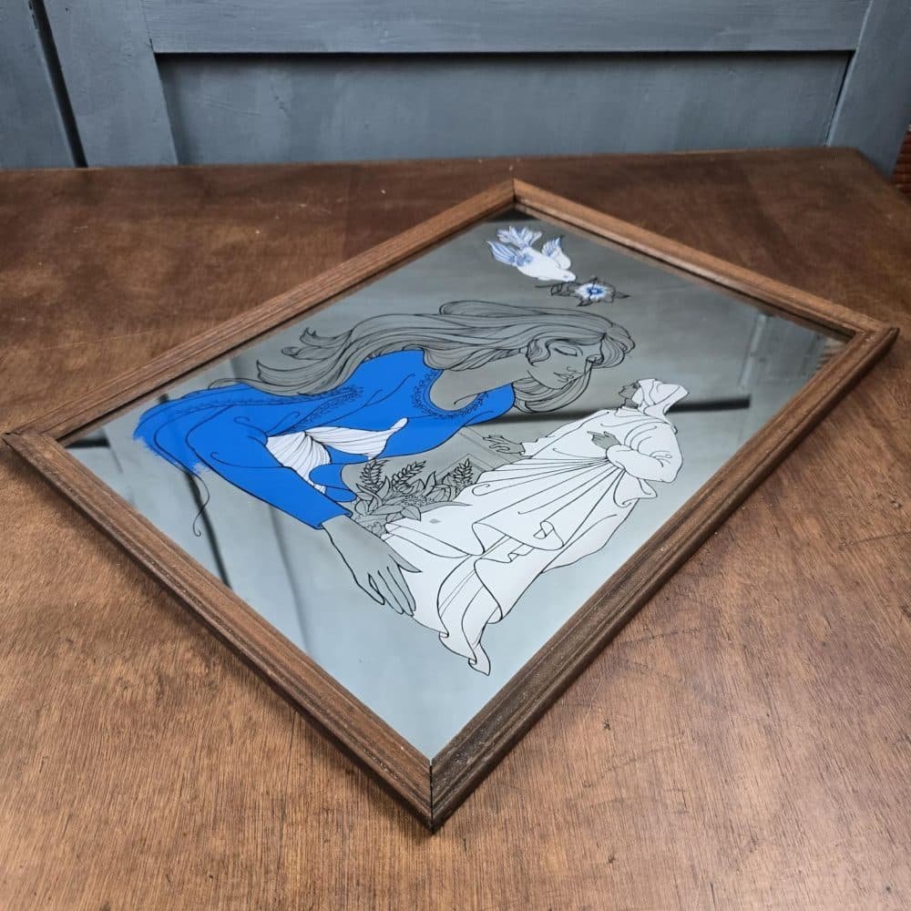 Miroir vintage “La Messagère” – femme en robe bleue et colombes – Made in Hong Kong.