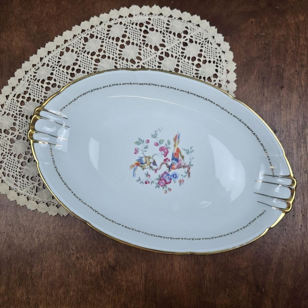 plat ovale en porcelaine vierzon oiseaux fleurs dores vintage