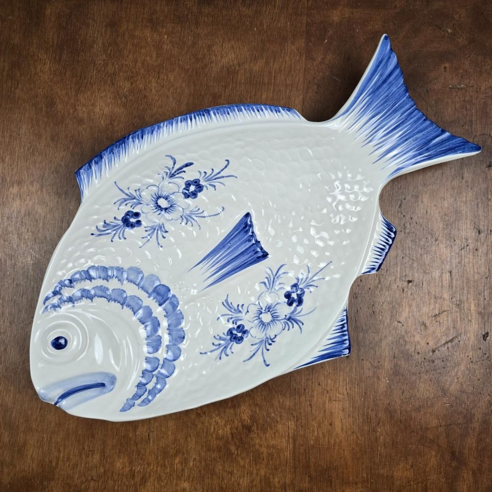 Elégant grand plat poisson vintage Portugal – Céramique bleu cobalt – 45 cm