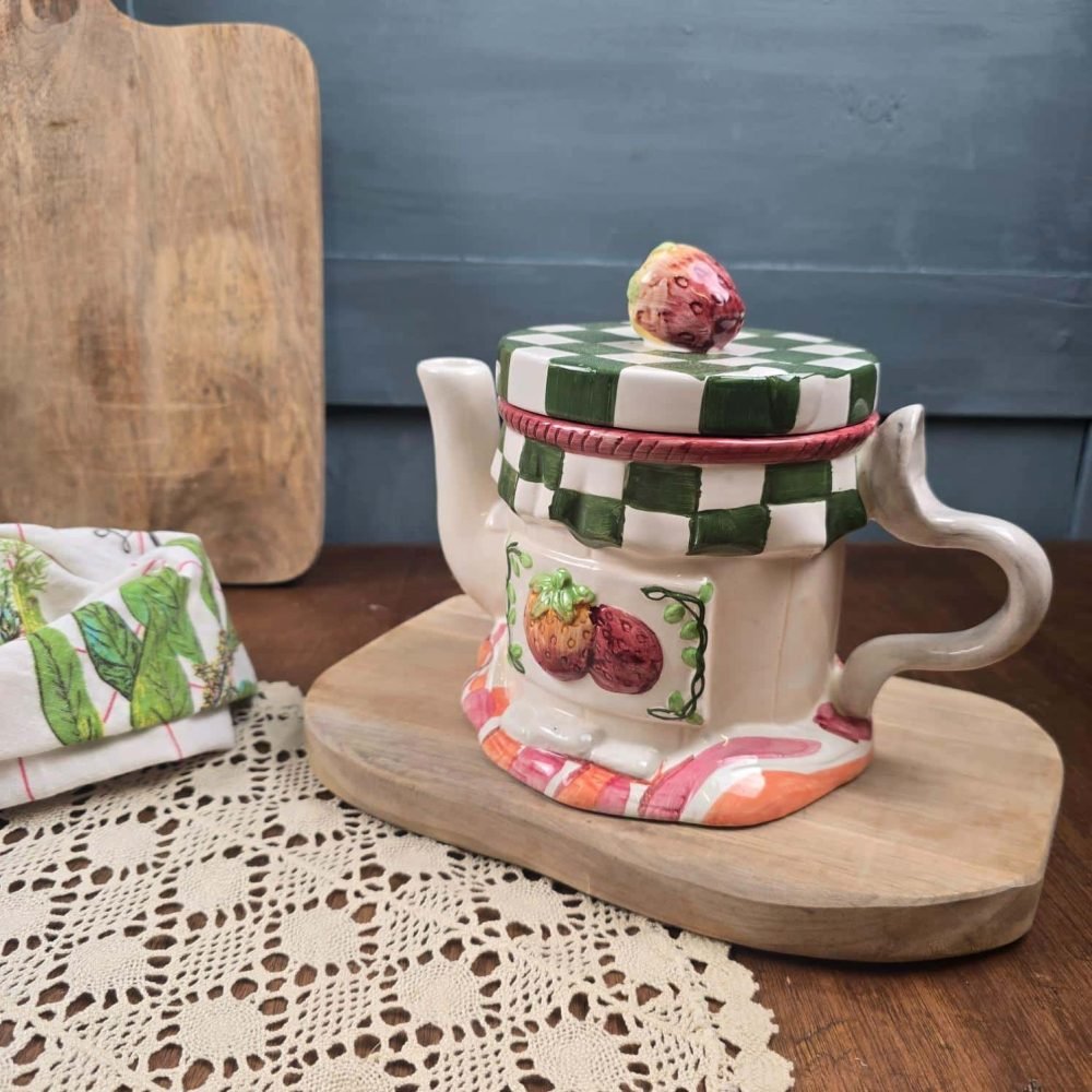 Théière vintage pot de confiture aux fraises – Céramique émaillée fantaisie ambiance vintage