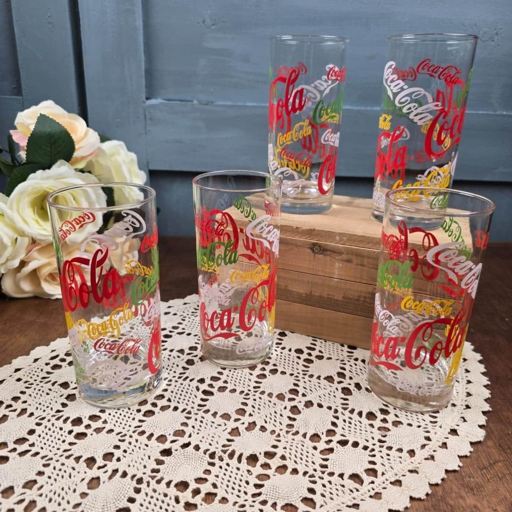 Lot de 5 verres Coca-Cola Rainbow 1997 – Collection publicitaire, ambiance vintage