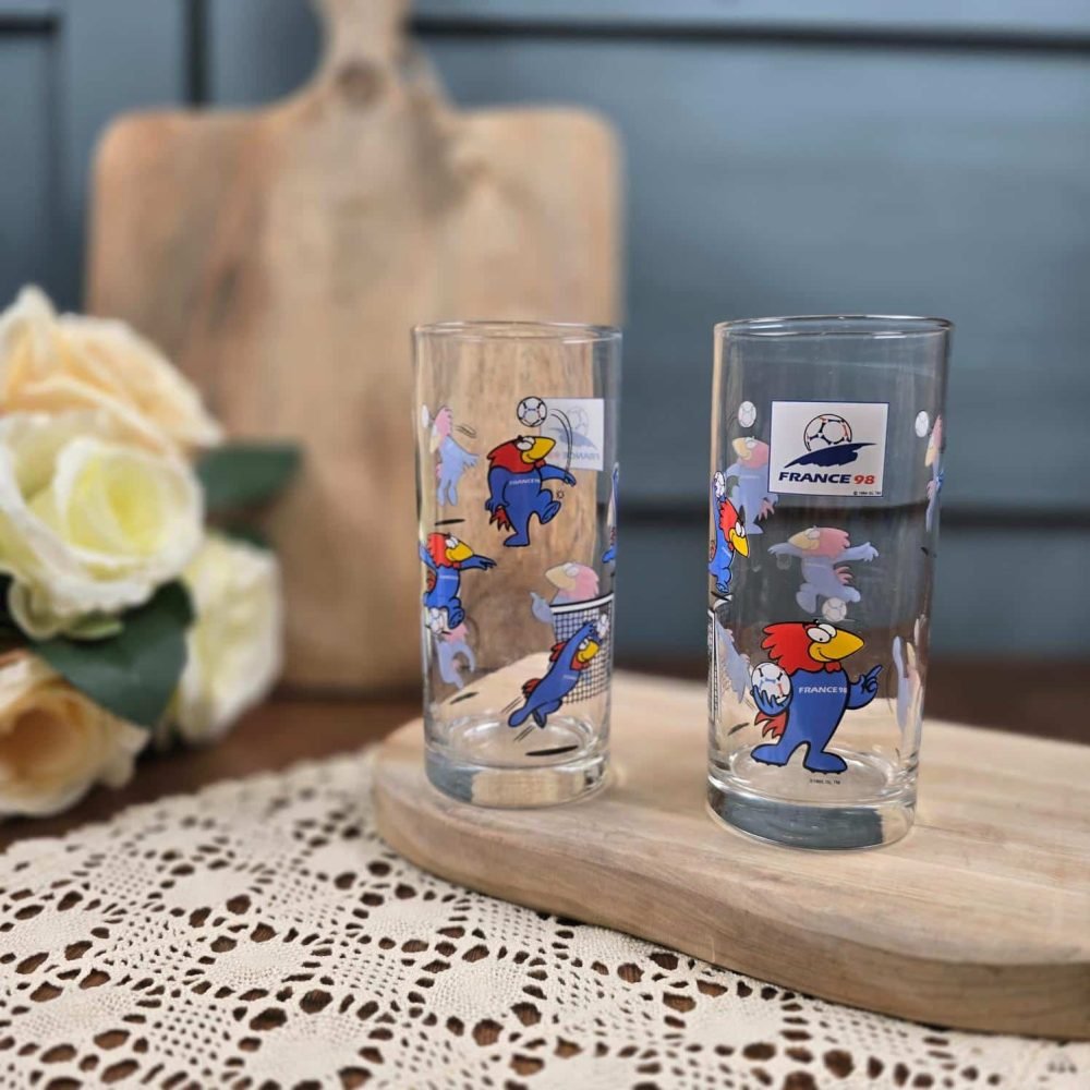 Lot de 2 verres France 98 Footix – Coupe du Monde football 1998 ambiance vintage