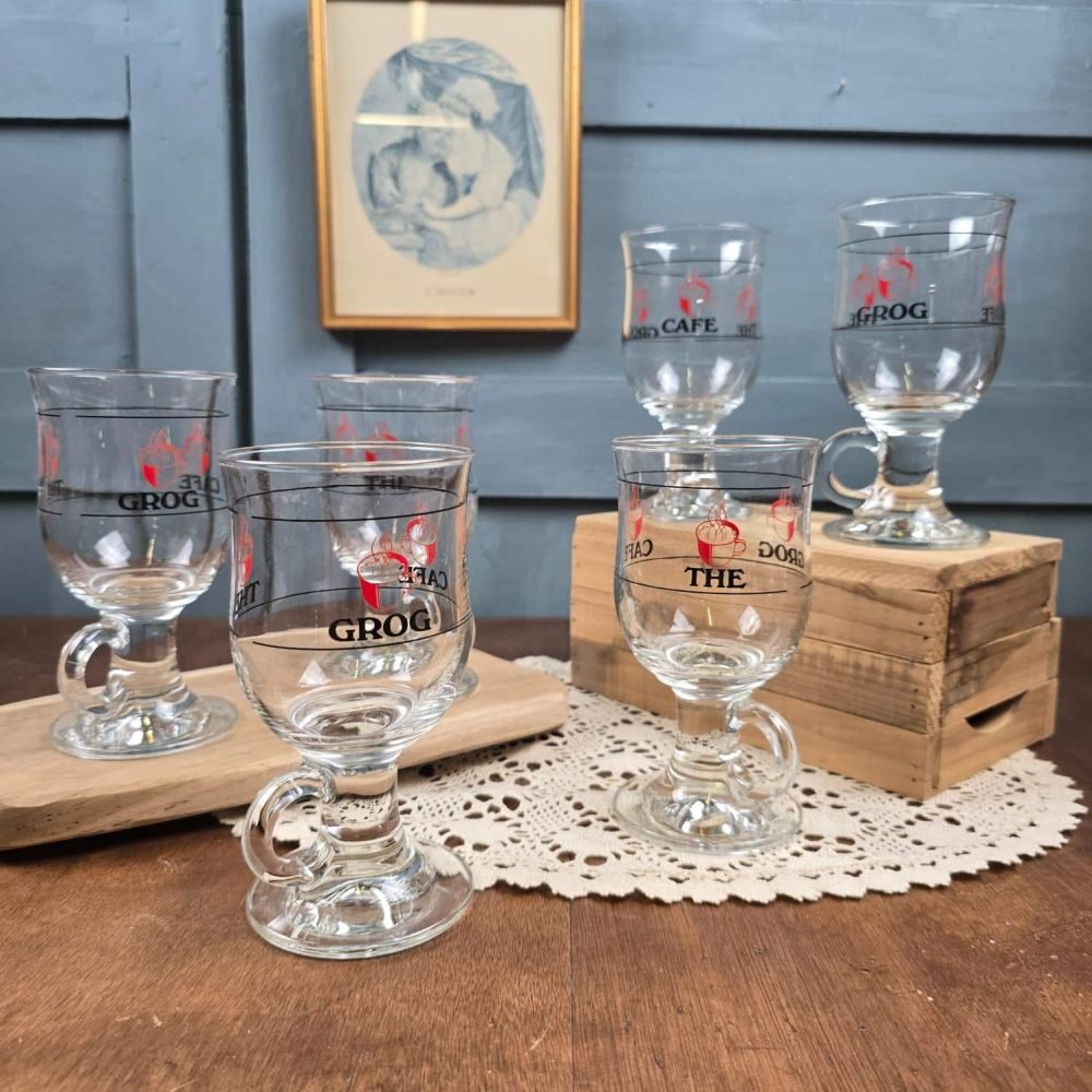 Lot de 6 verres à Grog, Café & Thé, ambiance vintage